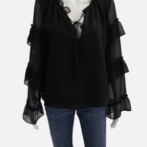 BB Dakota Women's Long Sleeve V Neck Ruffle Trim Blouse Black Size Small